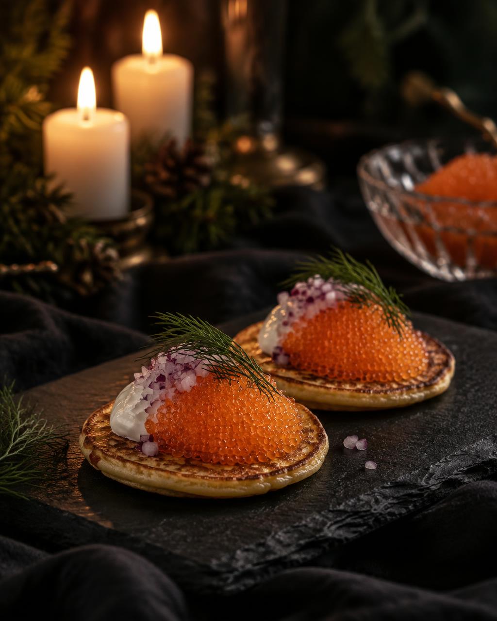 Kalix Löjrom på blini ved levende lys
